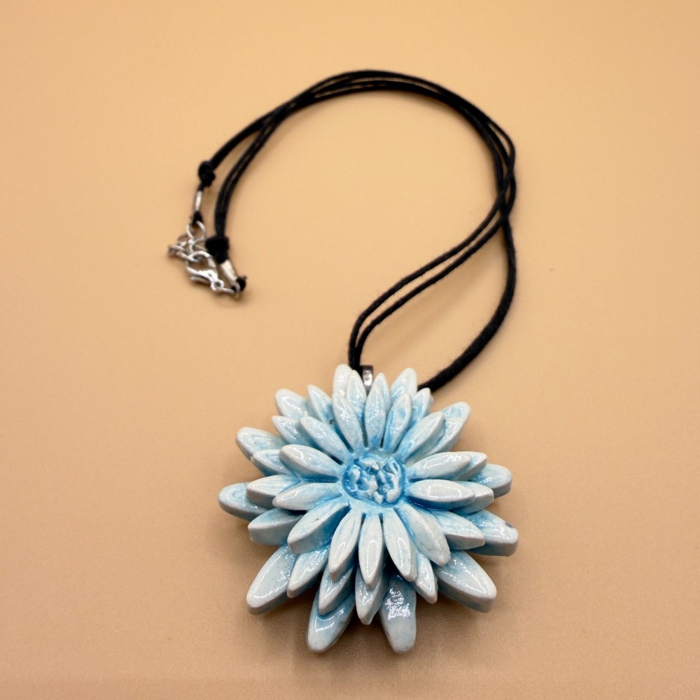 Blue White Ceramic Flower Pendant Necklace Black Cord Cottagecore Statement